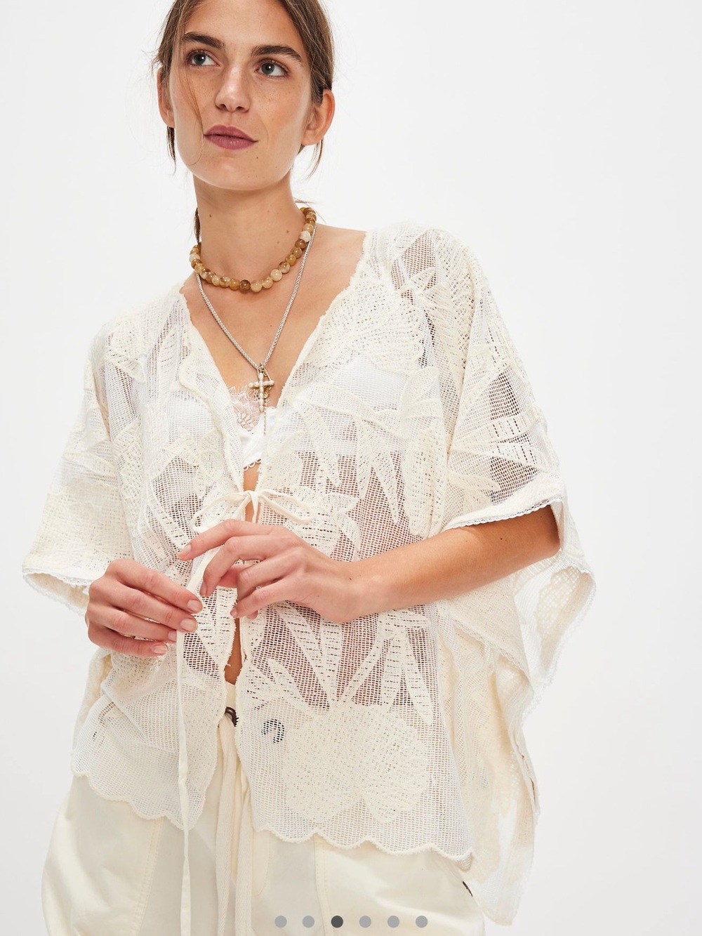 Free People Sheer Cream Lace Tie-Front Kimono Cover-Up - Picture 2 of 3